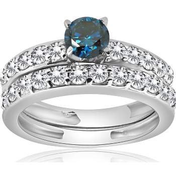 Pompeii3 1 3/8Ct Blue Round Cut Diamond Matching Bridal Engagement Ring Set White Gold