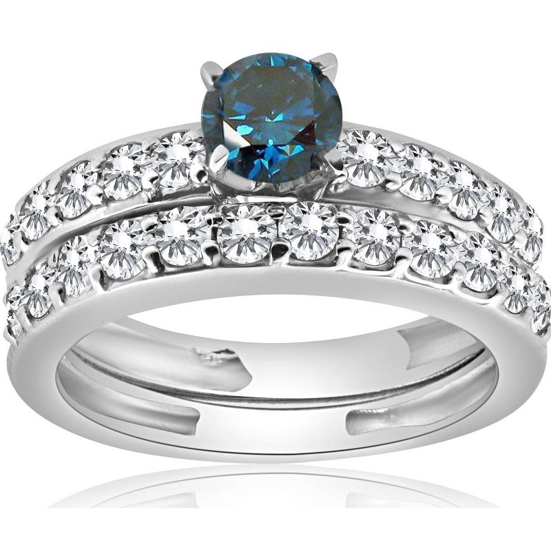Pompeii3 1 3/8Ct Blue Round Cut Diamond Matching Bridal Engagement Ring Set White Gold, 1 of 6