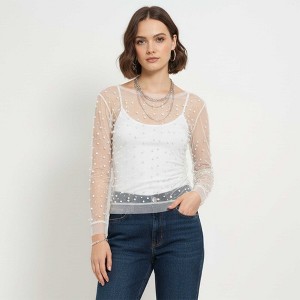 Women's Elegant Pearl & Rhinestone Sheer Top - Slim Fit Layering Blouse Cherie Code - 1 of 4