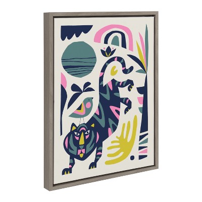 Mid Century Modern Tiger and Bird Print on Canvas, 18x24, Multicolor