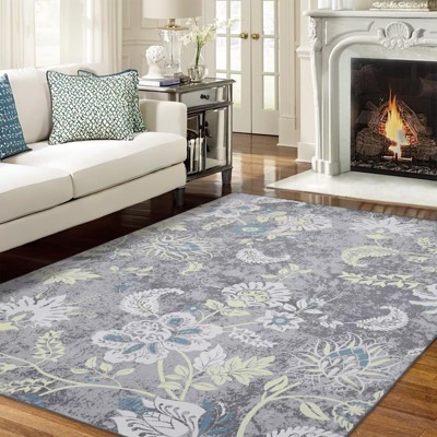 Washable Rug 8x10 for Living Room Indoor Modern Grey Floral Rug Soft Thin Farmhouse Floor Carpet