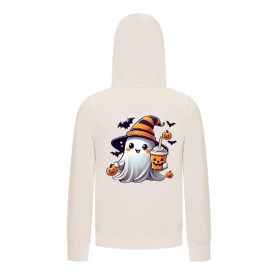 Everyday Kids Halloween Zip Up Hoodie – Cute Ghost with Witch Hat and Pumpkin Drink – Cozy Fall Sweatshirt for Girls, Off-White
