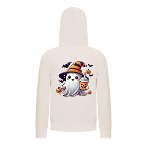 Everyday Kids Halloween Zip Up Hoodie – Cute Ghost with Witch Hat and Pumpkin Drink – Cozy Fall Sweatshirt for Girls, Off-White - 1 of 3