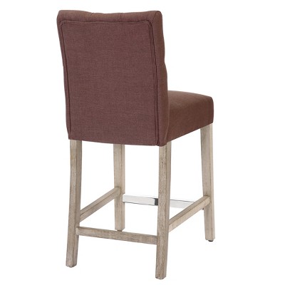 Brown Linen Upholstered Tufted Counter Stool with Wood Legs