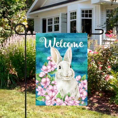 Welcome Bunny Floral Spring Garden Flag in Pink and Blue