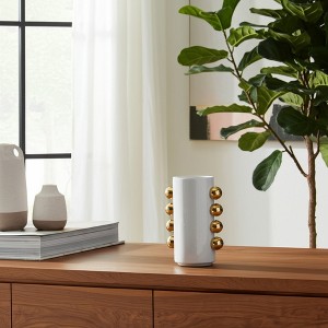 Modern Ceramic Vase with Metallic Accents - Home & Office Decor, Cylinder Shape, Decorative Centerpiece for Living Room, Bedroom - White & Gold - 1 of 4