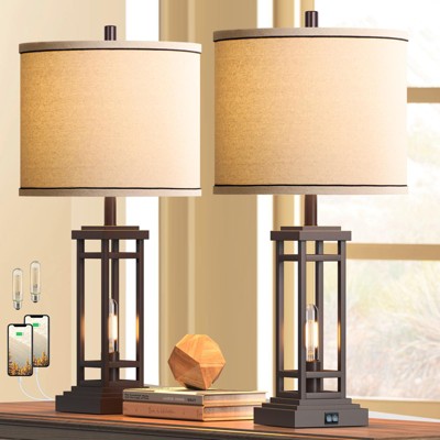 ROTTOGOON Farmhouse Table Lamp Set of 2 with USB C + A Charge Ports, Rustic Living Room Lamp for Bedroom Living Room Nightstand (Bronze)