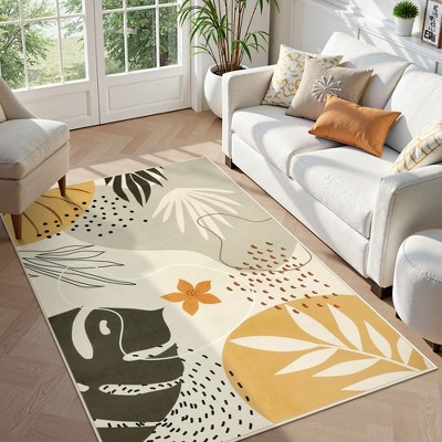 Lahome Machine Washable Area Rugs Non-Slip Large Living Room Rug Boho Botanical Print Ultra-Thin Indoor Rug for Classroom Nursery Dining Room