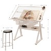 Hand crank adjustable tempered glass drafting drawing and printing table with chair and storage space for living room, study, bedroom(white) - 3 of 4
