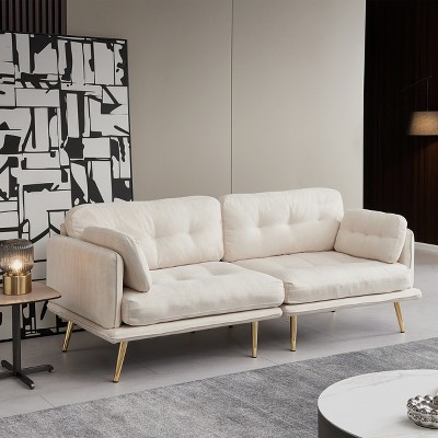 3-seater Cotton And Linen Upholstered Sofa With Gold Metal Legs, Beige ...