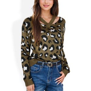 Anna-Kaci Women's V-Neck Leopard Print Sweater with Cutout Detail - 1 of 4