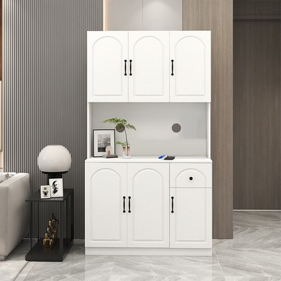 71" Kitchen Pantry Storage Cabinet With Microwave Oven Countertop, Freestanding Hutch Cabinet With Adjustable Shelves, 6 Doors And 1 Drawer
