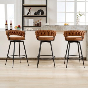 DYHOME 28 inch Bar Stools Set of 3, Modern Counter Height Bar Stools, 360° Swivel Suede Fabric Stool Chairs with Woven Back and Footrest - 1 of 4