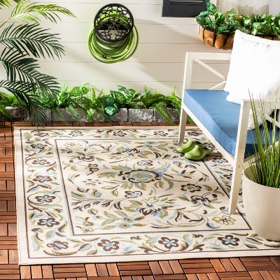 Cream and Green Floral Synthetic Square Area Rug