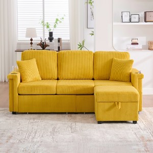 MOONMISS L-Shaped Corduroy Sectional Sofa with Pull-Out Storage,Ottoman & Pillows 3-Seat with Cup Holder for Living Room, Apartment - 1 of 4