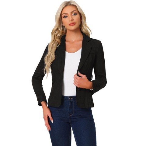 Allegra K Women's Faux Suede Notched Lapel Collar Casual Jackets with Belt Medium Black