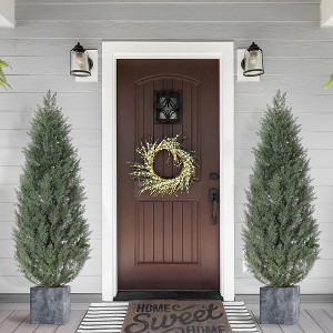 5 Ft Artificial Topiary Trees Set of 2, Uv Resistant Faux Cedar Porch Tree with Decorative Grass, Potted Fake Evergreen Cypress Plants - 1 of 4