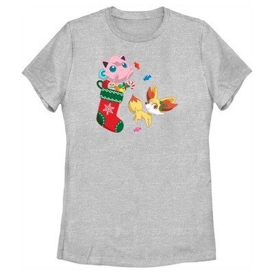 Women's Pokemon Christmas Jigglypuff And Fennekin Stocking T-shirt : Target