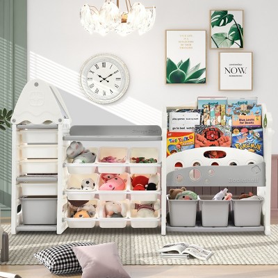 Kids Bookshelf with 17 Bins,Toy Storage Organizer Cabinet with HDPE Shelf for Playroom, Bedroom, Living Room-Tanpinhause