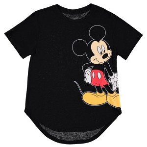 Ladies Mickey Mouse Fashion Shirt - Womens Mickey & Minnie Mouse Top - Disney Curved Hem Hi Lo Short Sleeve Tee - 1 of 4