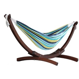 The Hamptons Collection 102” Blue and White Striped Brazilian Style Hammock with Stand - 1 of 4
