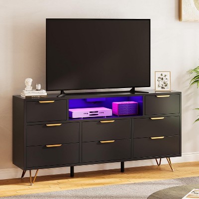 Elegant Black Dresser for Bedroom with 8 Drawers & Open Shelf - 55 Inch TV Stand