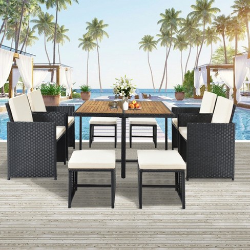 9-Piece Wicker Patio Dining Set For 8 - Expandable Metal Table & 8 Chairs With Cushions, All-Weather Outdoor Furniture