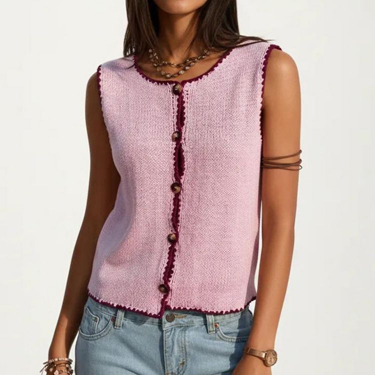 Anna-Kaci Sleeveless Knit Button Front Top with Contrast Trim Detail, 1 of 7