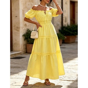 yellow ruffle off the shoulder maxi dress Women Off Shoulder Puff Sleeve Maxi Dress Smocked Waist Ruffle Long Summer  Dress : Target