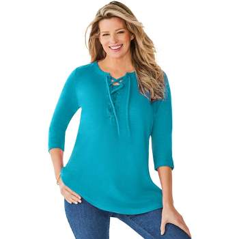Woman Within Women's Plus Size Lace-Up Three-Quarter Sleeve Tee