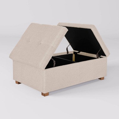Beige Tufted Double Storage Ottoman with Solid Wood Legs