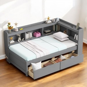 Mshliw Twin Platform Bed with USB Ports and Power Outlets, L-Shaped Bookcase Headboard, Storage Drawers, Wood Bed Frame with Charging Station - 1 of 4