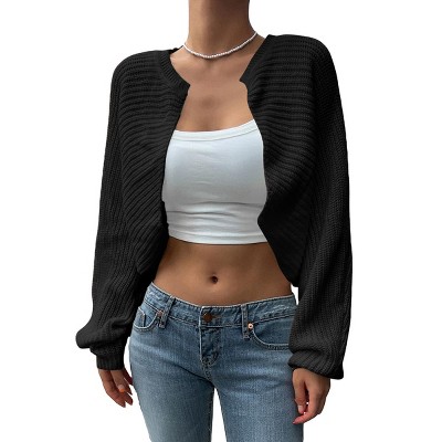 Womens Seamless Open Front Cropped Sweater Ribbed Knit Cardigan with Long Sleeve Lantern Sleeve Chunky Sweater Womens Fall Outfits