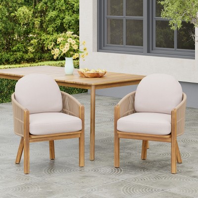Set of 2 Fabric Upholstered Patio Dining Chairs,Woven Rope Back Armchairs,Dining Chairs with Acacia Wood Frame for Balcony Deck-Coolbibila