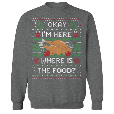 Rerun Island Men's I'M Here Where Is The Food? (Ugly Xmas Sweater) Christmas Long Sleeve Graphic Cotton Pullover Sweatshirt