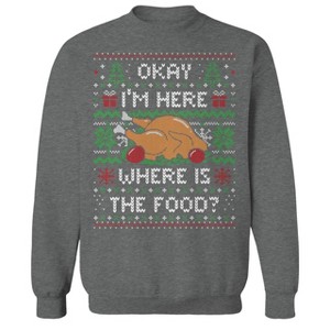 Rerun Island Men's I'M Here Where Is The Food? (Ugly Xmas Sweater) Christmas Long Sleeve Graphic Cotton Pullover Sweatshirt - 1 of 1