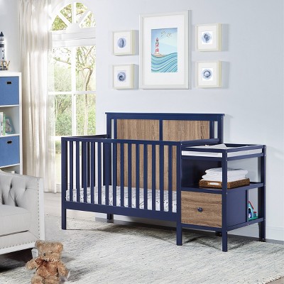 Suite Bebe Connelly 4-in-1 Convertible Crib and Changer Combo Midnight - Blue/Vintage Walnut with Mattress Pad