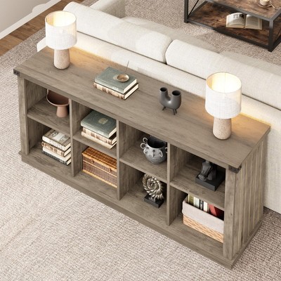Long 8-cube storage shelf showing multiple cubby compartments and decorative items