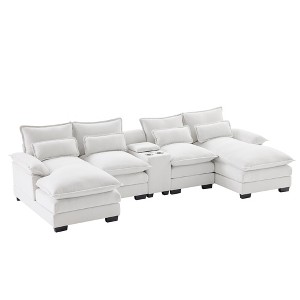 123'' U-Shaped Sectional Sofa with USB Charging, Cup Holders & Console, 6-Seater Chenille Couch with Double Cushions for Living Room - 1 of 4
