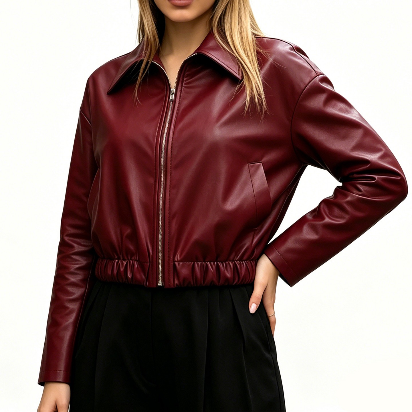 Женская куртка YesFashion Faux Leather Cropped Jacket, Lapel Zip Up Elastic Hem Long Sleeve Bomber Coat, Casual Loose Outerwear Red, цвет: Красный — фото 1