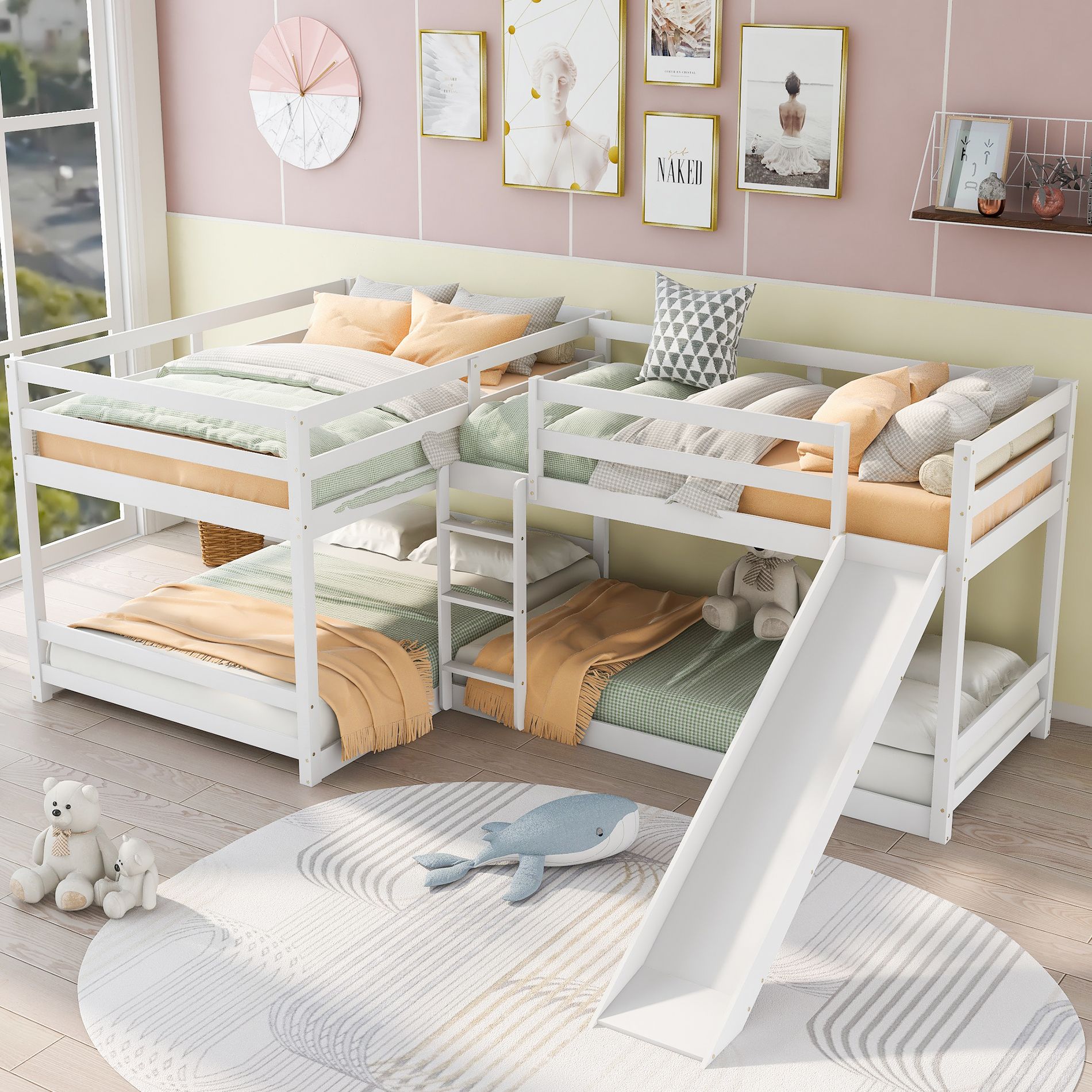 Whisen Wood Full and Twin Size L-Shaped Bunk Bed with Slide and Short Ladder - White
