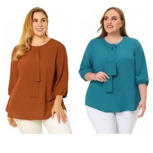 Women's Plus Size 2 Pieces 3/4 Sleeves Round Neck Ruffle Chiffon Work Blouse - Agnes Orinda - 1 of 4