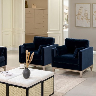 Knox Dark Navy Blue Velvet Armchair with Birch Legs