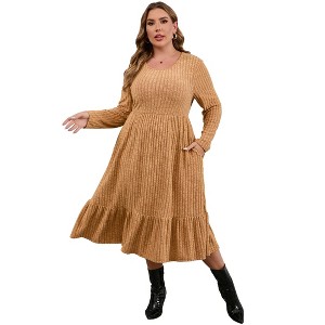 Plus Size Women's Ribbed Knit Maxi Dress - High Waist, Side Pockets, Round Neck Long Ankle-Length Dress - 1 of 4