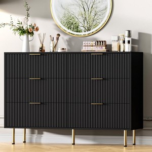 6 Drawer Fluted Dresser for Bedroom, Large Modern Chest with Gold Handles, Wood Storage Organizer for Living Room, Hallway, or Entryway - 1 of 4