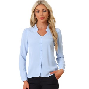 Allegra K Women's Elegant V Neck Work Office Button Up Shirt - 1 of 4