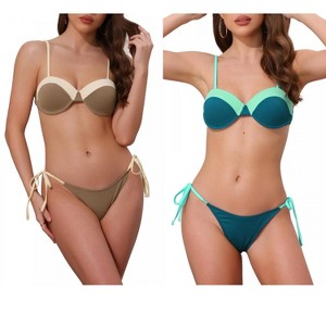 INSPIRE CHIC Women's Contrast Color Ribbed Triangle Bottom Swimwear Bathing Bikini Suits 2 Sets - 1 of 4