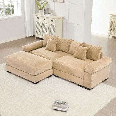 92" Modular Corduroy Sectional Sofa with Ottoman and 6 Throw Pillows, L-Shaped Oversized Cloud Couch for Living Room or Bedroom–The Pop Home