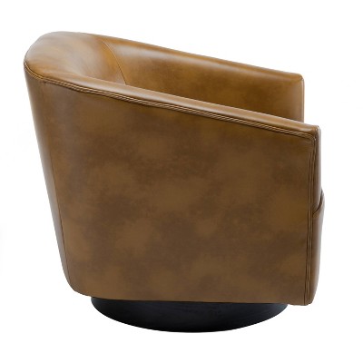 Gaven Camel Faux Leather Swivel Barrel Chair with Wood Base