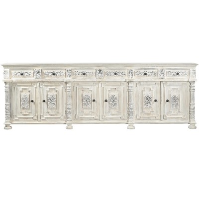 HomeRoots 118" White Distressed Solid Wood Carved Floral Six Drawer Sideboard with Six Doors